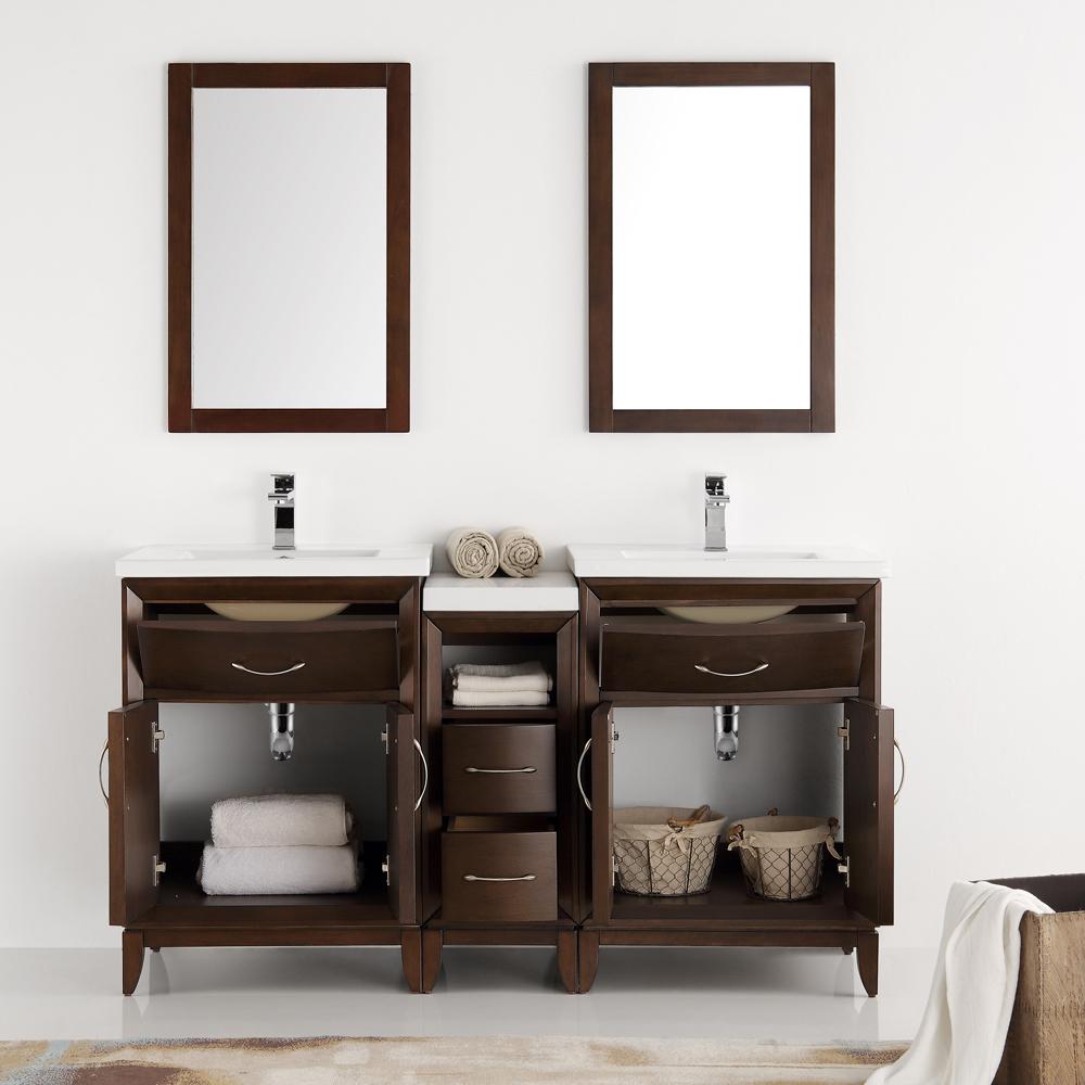 Fresca Cambridge 60" Antique Coffee Double Sink Traditional Bathroom Vanity w/ Mirrors