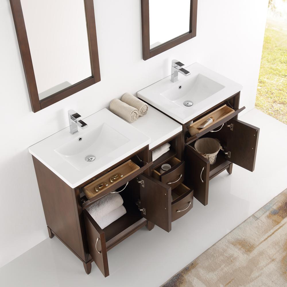Fresca Cambridge 60" Antique Coffee Double Sink Traditional Bathroom Vanity w/ Mirrors