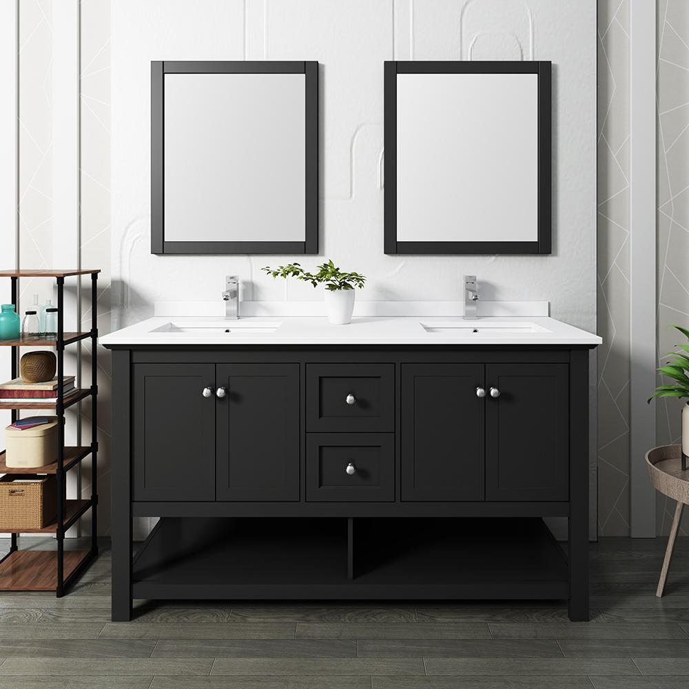 Fresca Manchester 60" Black Traditional Double Sink Bathroom Vanity w/ Mirrors