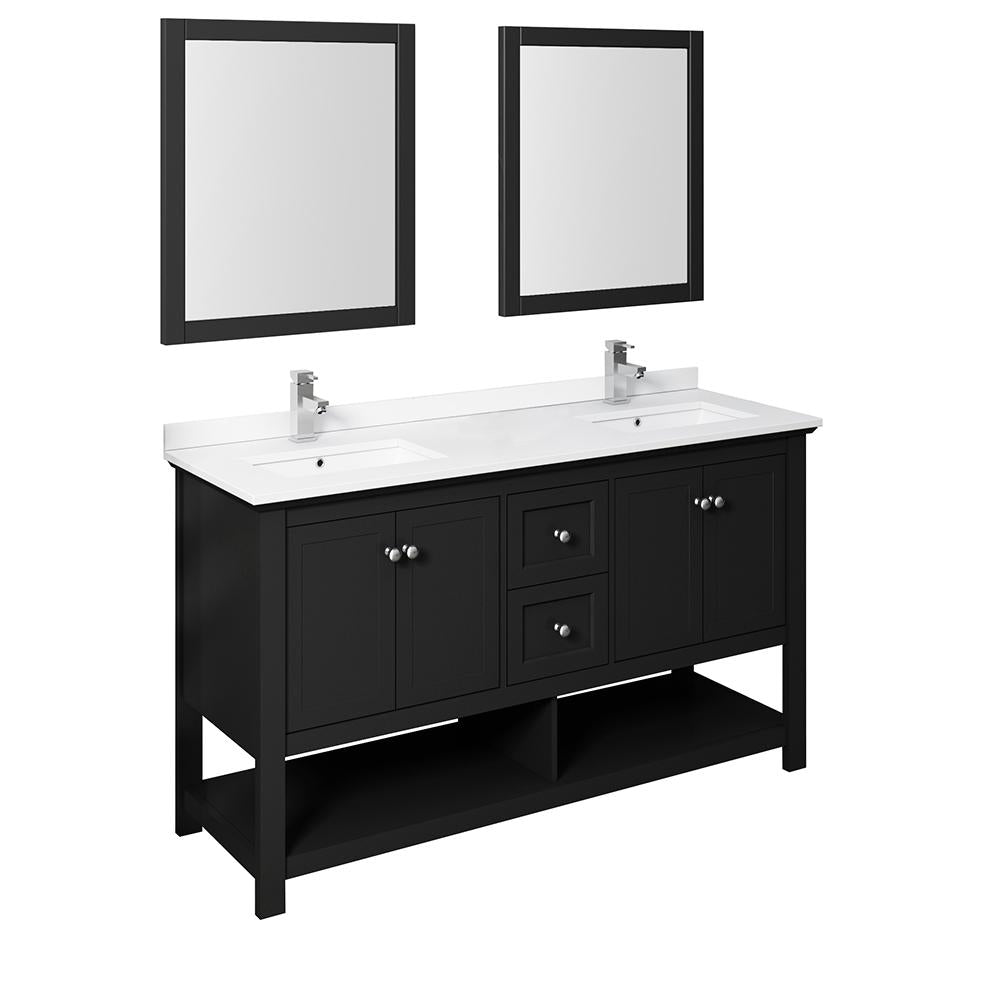 Fresca Manchester 60" Black Traditional Double Sink Bathroom Vanity w/ Mirrors