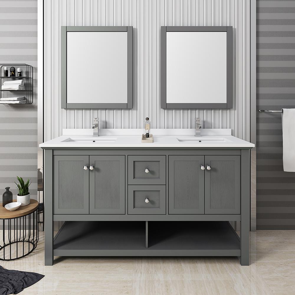 Fresca Manchester Regal 60" Gray Wood Veneer Traditional Double Sink Bathroom Vanity w/ Mirrors