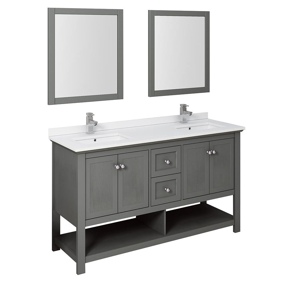 Fresca Manchester Regal 60" Gray Wood Veneer Traditional Double Sink Bathroom Vanity w/ Mirrors