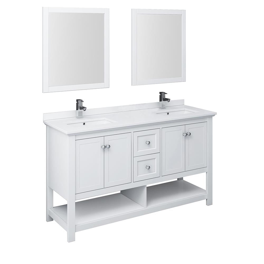 Fresca Manchester 60" White Traditional Double Sink Bathroom Vanity w/ Mirrors