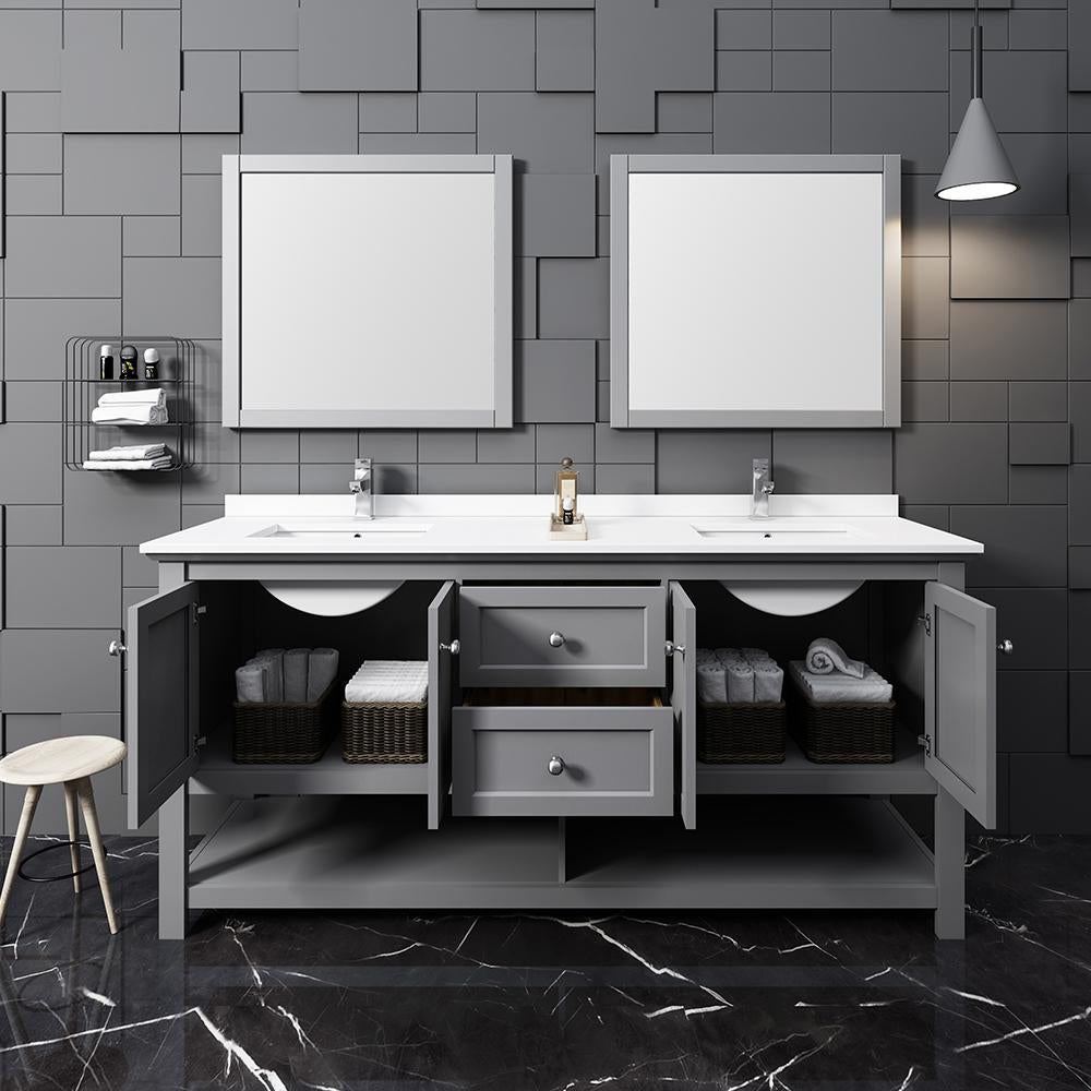 Fresca Manchester 72" Gray Traditional Double Sink Bathroom Vanity w/ Mirrors