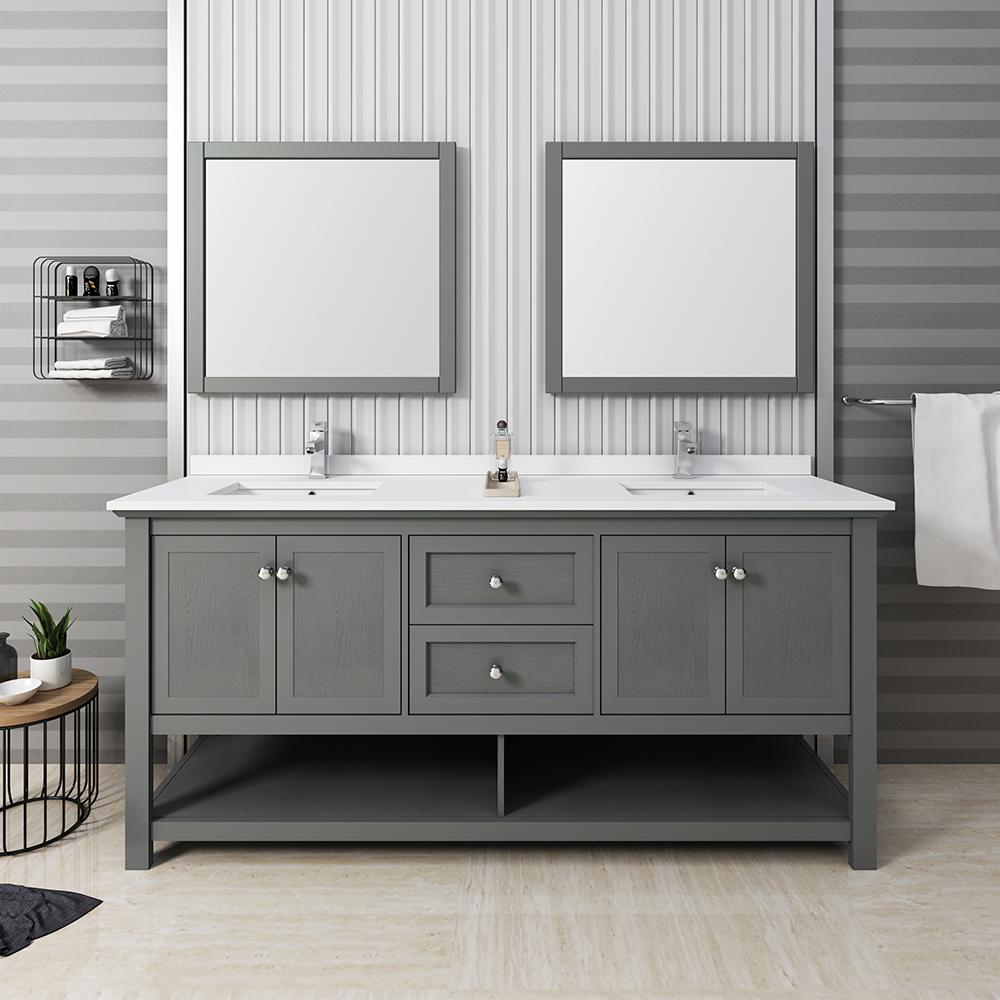 Fresca Manchester Regal 72" Gray Wood Veneer Traditional Double Sink Bathroom Vanity w/ Mirrors