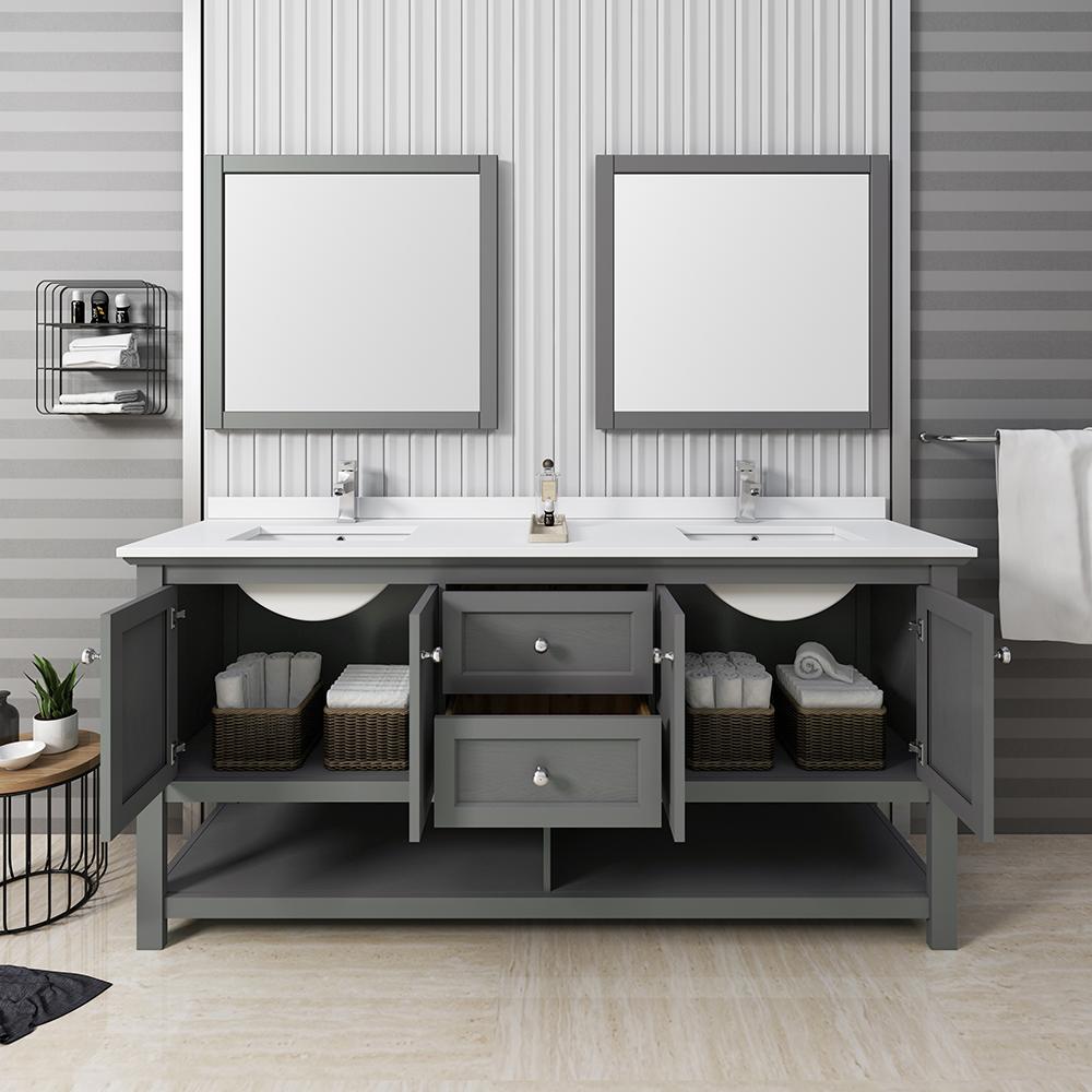 Fresca Manchester Regal 72" Gray Wood Veneer Traditional Double Sink Bathroom Vanity w/ Mirrors