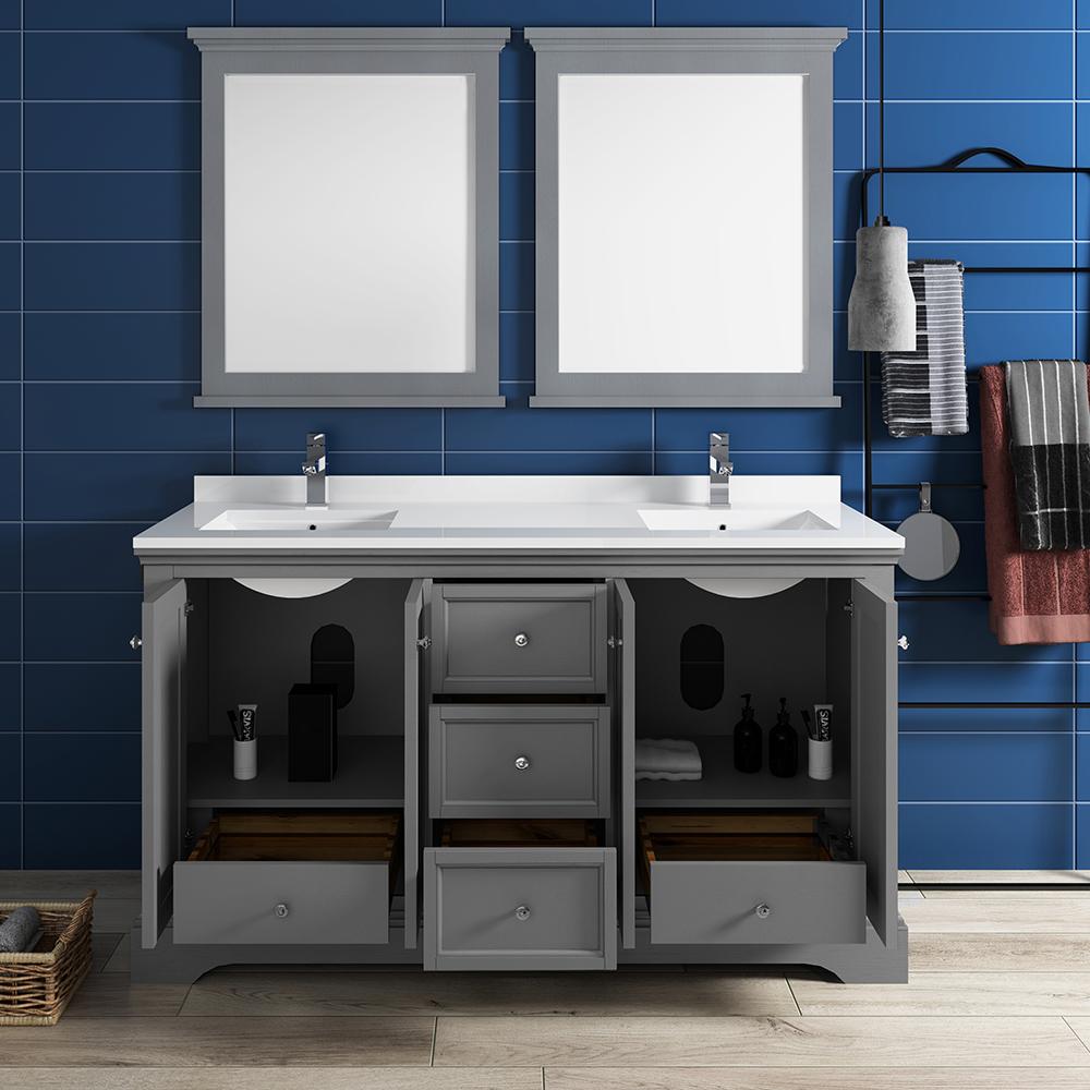Fresca Windsor 60" Gray Textured Traditional Double Sink Bathroom Vanity w/ Mirrors