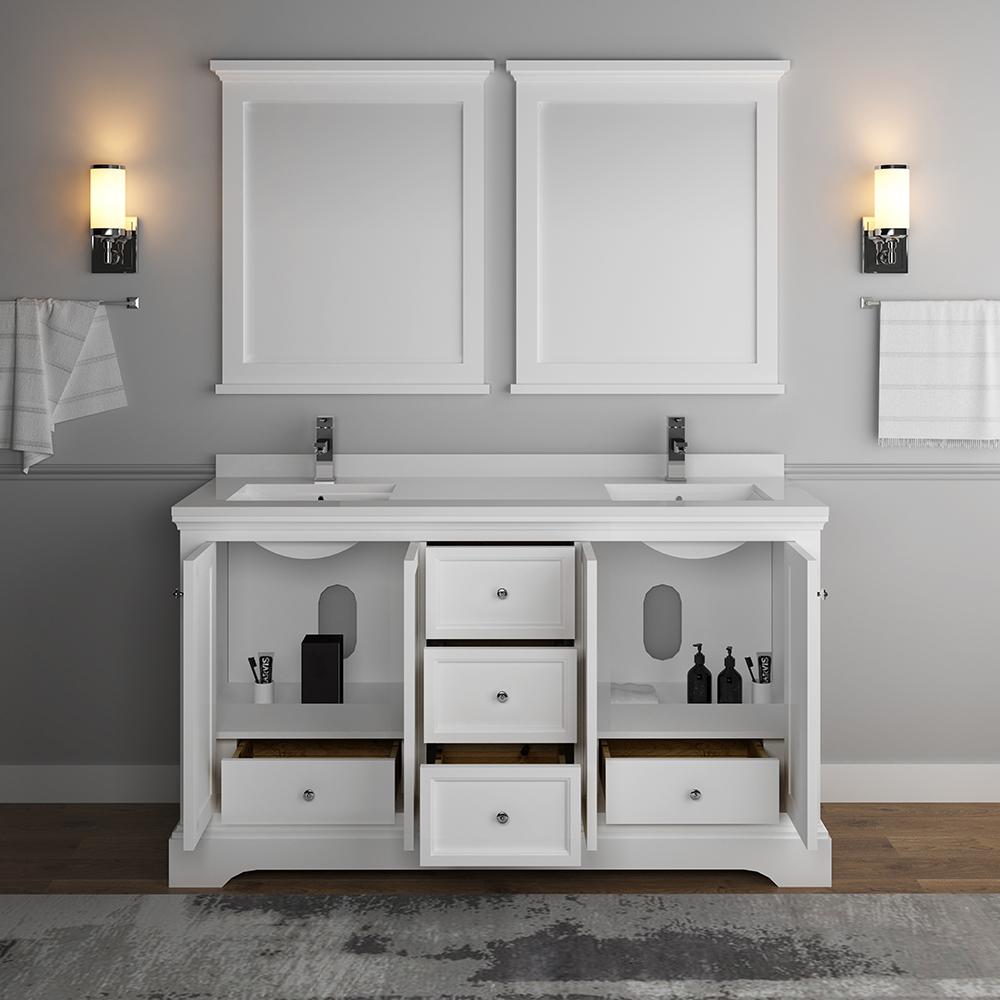 Fresca Windsor 60" Matte White Traditional Double Sink Bathroom Vanity w/ Mirrors