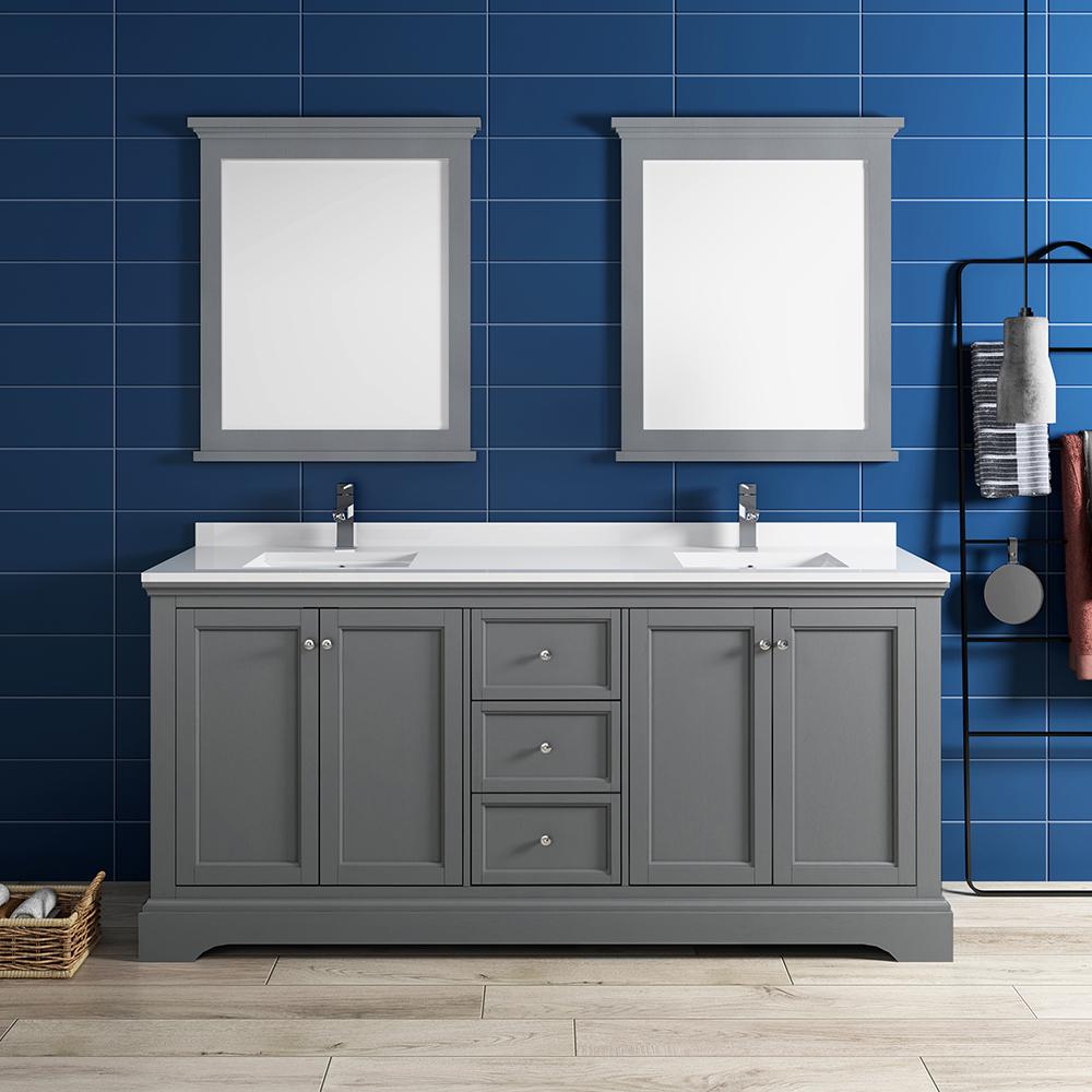 Fresca Windsor 72" Gray Textured Traditional Double Sink Bathroom Vanity w/ Mirrors