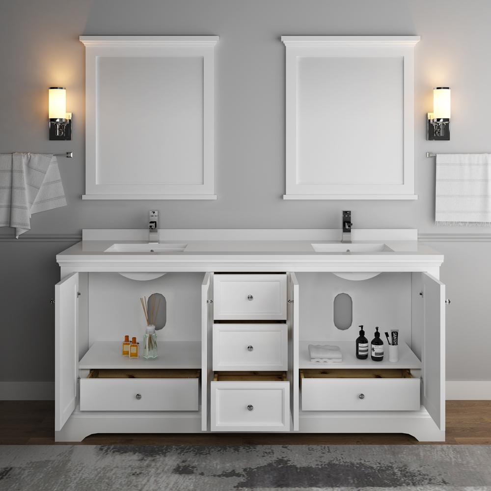 Fresca Windsor 72" Matte White Traditional Double Sink Bathroom Vanity w/ Mirrors