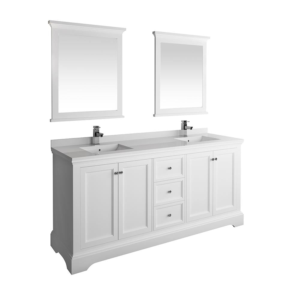 Fresca Windsor 72" Matte White Traditional Double Sink Bathroom Vanity w/ Mirrors