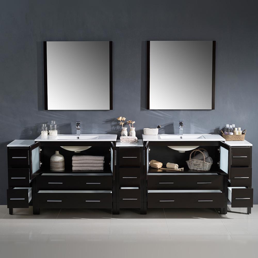 Fresca Torino 108" Espresso Modern Double Sink Bathroom Vanity w/ 3 Side Cabinets & Integrated Sinks