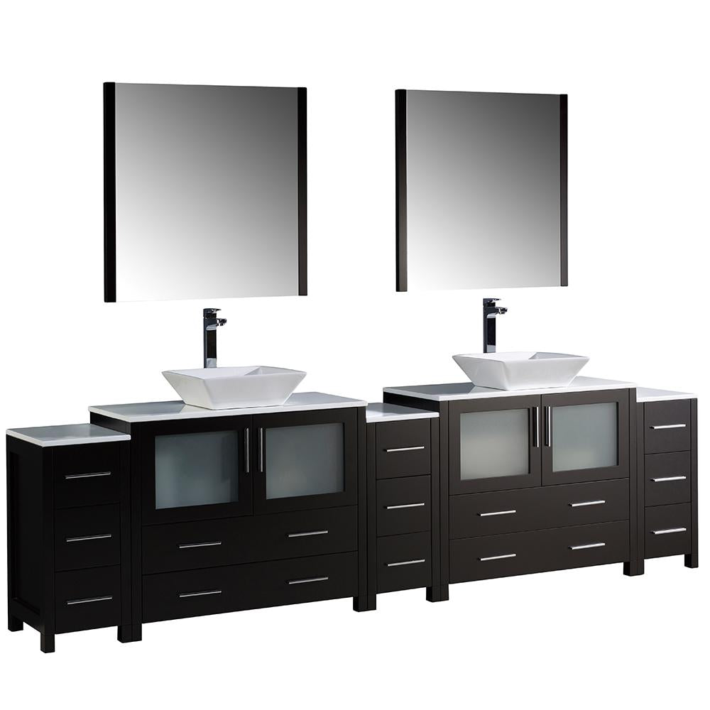 Fresca Torino 108" Espresso Modern Double Sink Bathroom Vanity w/ 3 Side Cabinets & Vessel Sinks