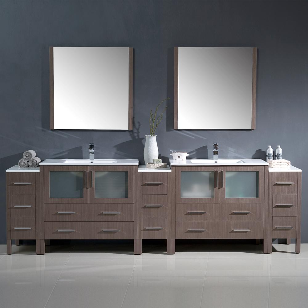 Fresca Torino 108" Gray Oak Modern Double Sink Bathroom Vanity w/ 3 Side Cabinets & Integrated Sinks