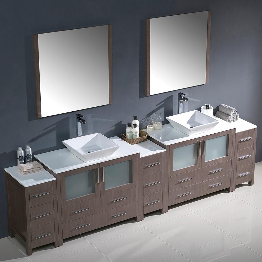 Fresca Torino 108" Gray Oak Modern Double Sink Bathroom Vanity w/ 3 Side Cabinets & Vessel Sinks