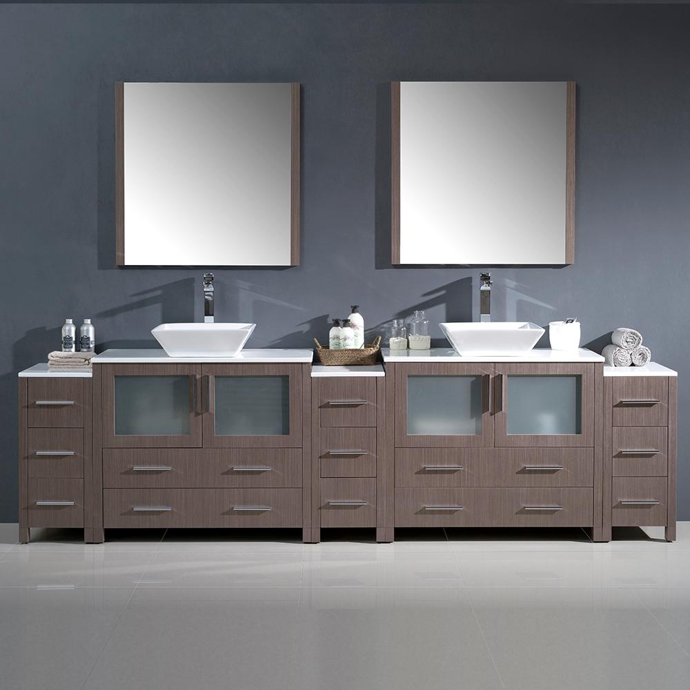 Fresca Torino 108" Gray Oak Modern Double Sink Bathroom Vanity w/ 3 Side Cabinets & Vessel Sinks