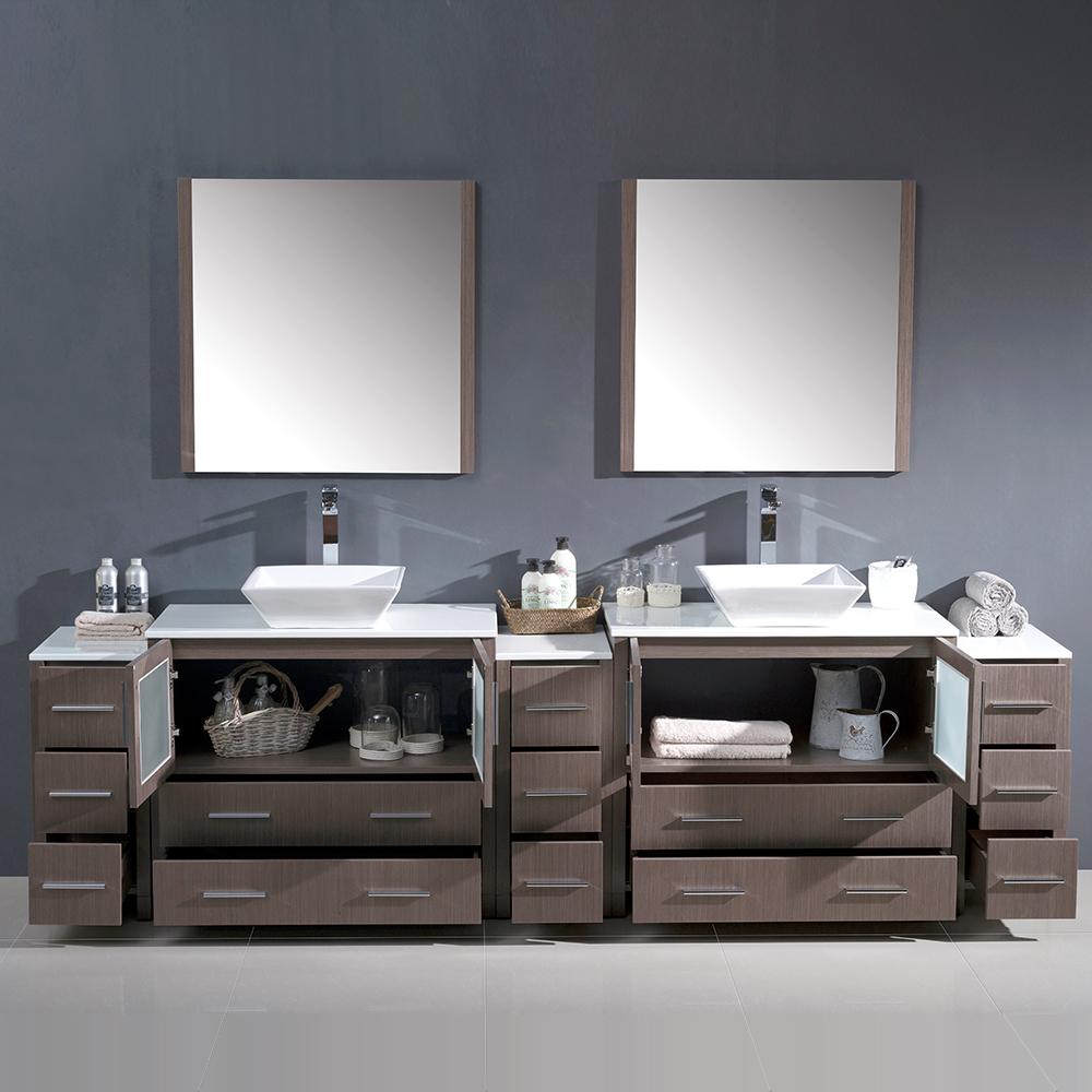 Fresca Torino 108" Gray Oak Modern Double Sink Bathroom Vanity w/ 3 Side Cabinets & Vessel Sinks