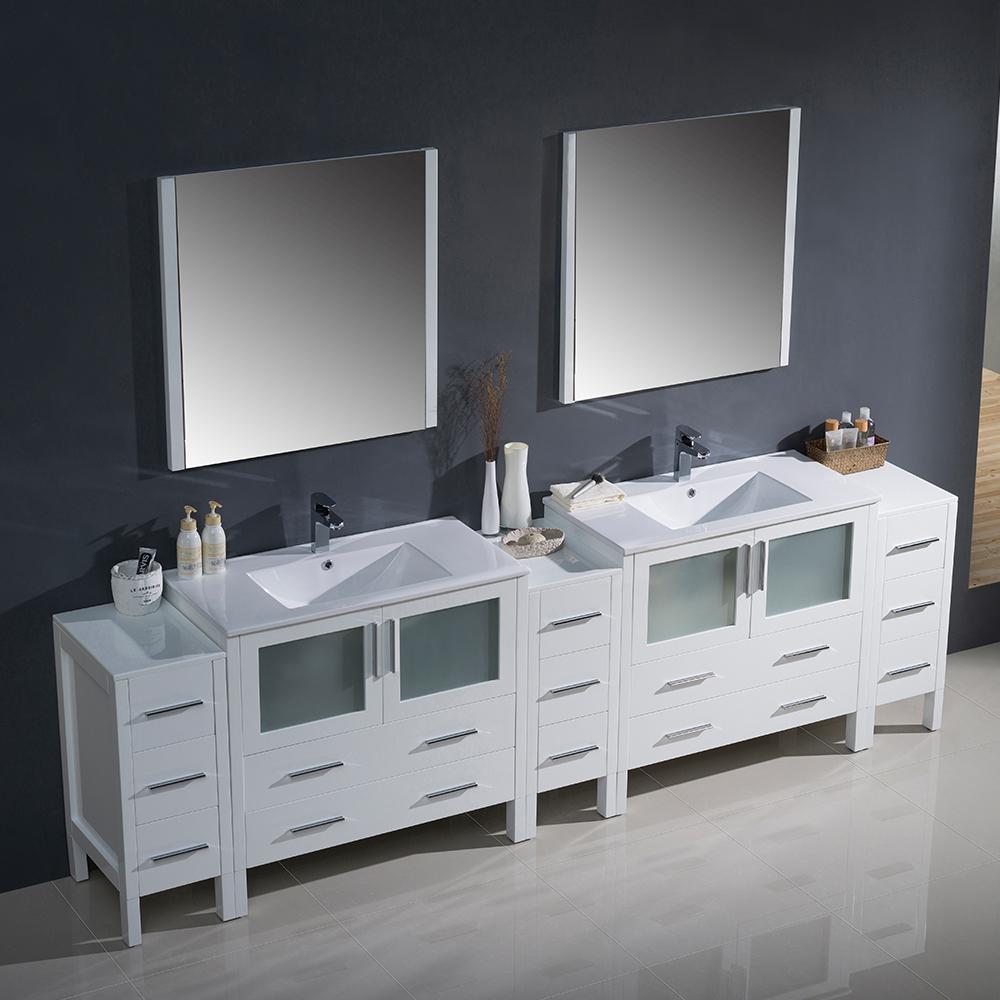 Fresca Torino 108" White Modern Double Sink Bathroom Vanity w/ 3 Side Cabinets & Integrated Sinks