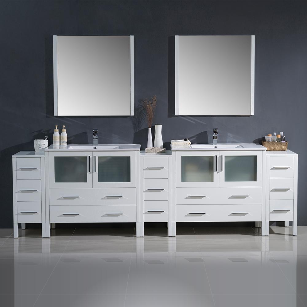 Fresca Torino 108" White Modern Double Sink Bathroom Vanity w/ 3 Side Cabinets & Integrated Sinks