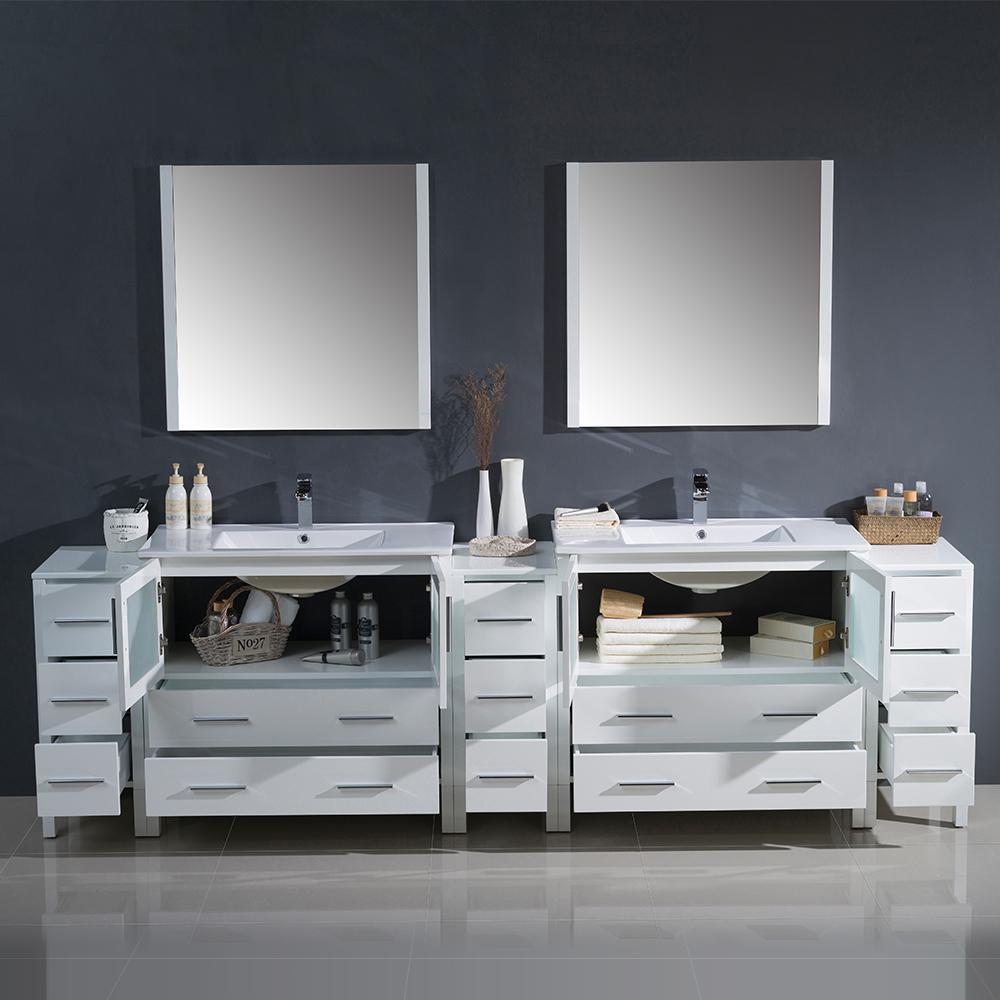 Fresca Torino 108" White Modern Double Sink Bathroom Vanity w/ 3 Side Cabinets & Integrated Sinks