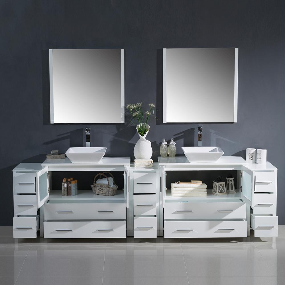 Fresca Torino 108" White Modern Double Sink Bathroom Vanity w/ 3 Side Cabinets & Vessel Sinks