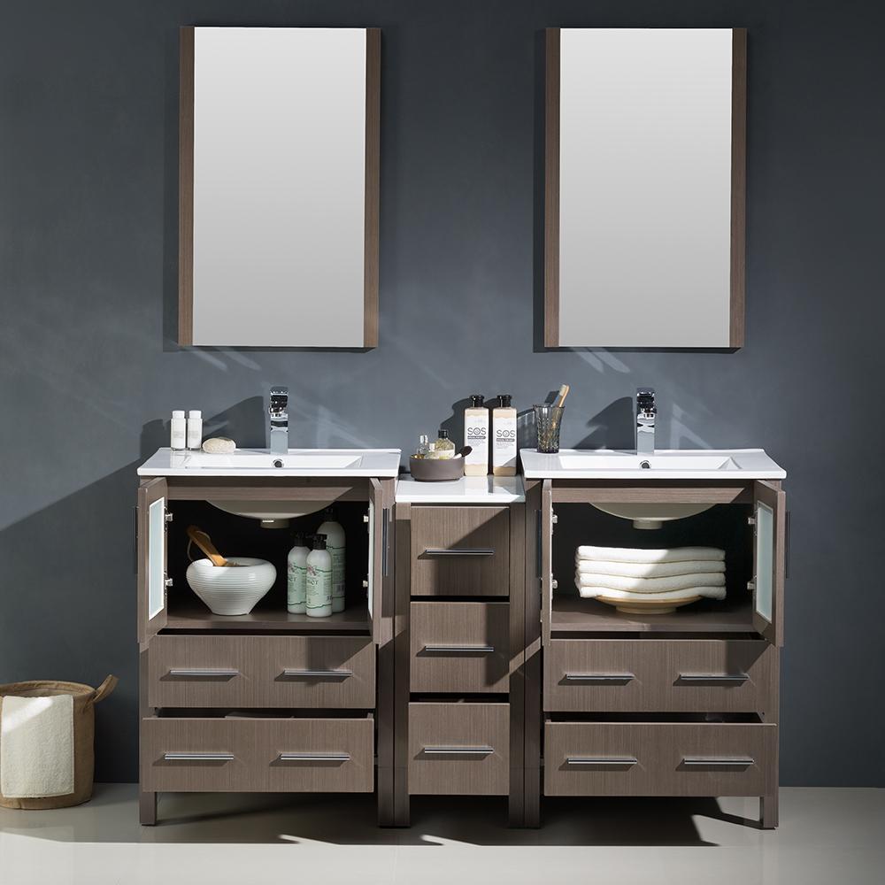 Fresca Torino 60" Gray Oak Modern Double Sink Bathroom Vanity w/ Side Cabinet & Integrated Sinks