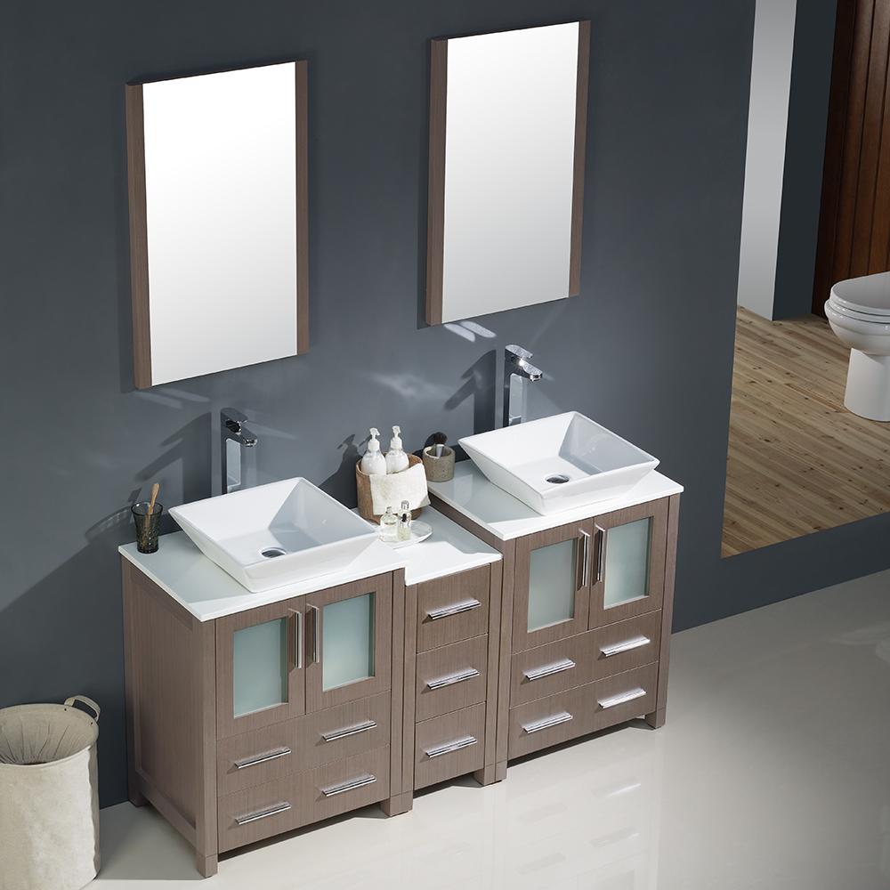 Fresca Torino 60" Gray Oak Modern Double Sink Bathroom Vanity w/ Side Cabinet & Vessel Sinks