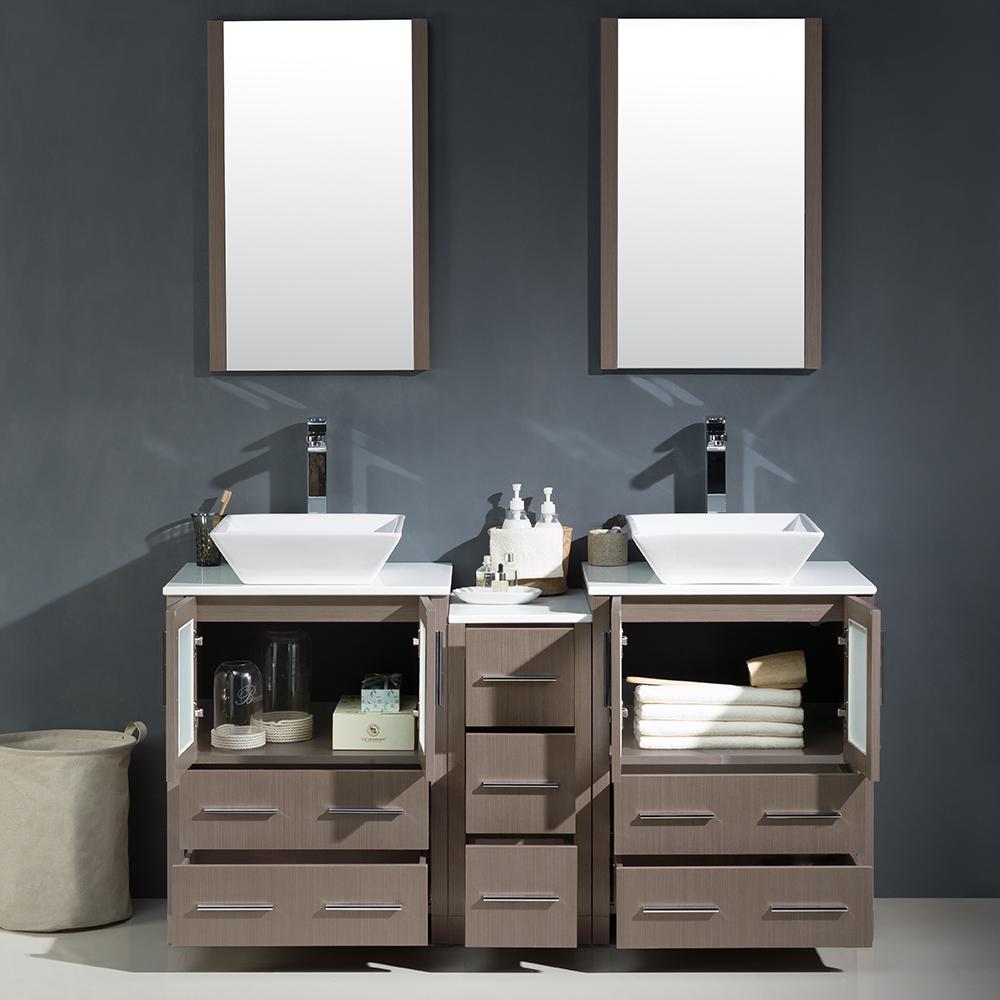 Fresca Torino 60" Gray Oak Modern Double Sink Bathroom Vanity w/ Side Cabinet & Vessel Sinks