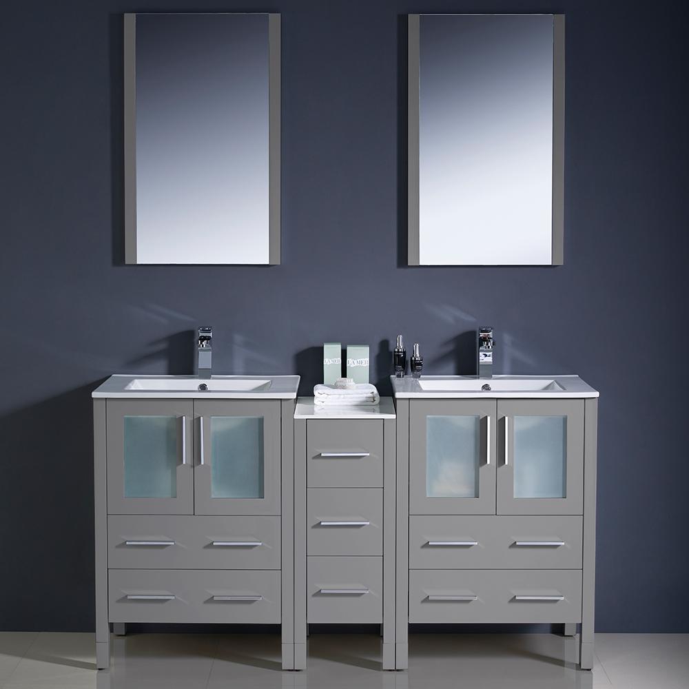 Fresca Torino 60" Gray Modern Double Sink Bathroom Vanity w/ Side Cabinet & Integrated Sinks