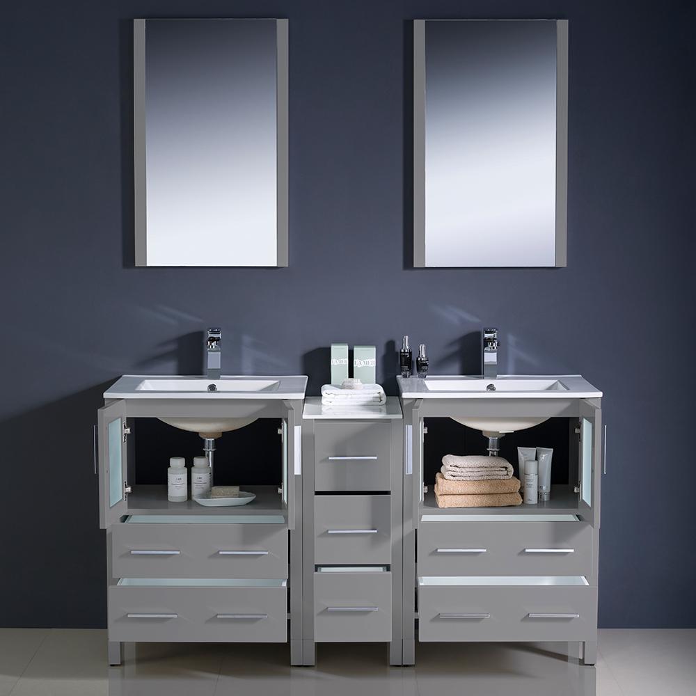 Fresca Torino 60" Gray Modern Double Sink Bathroom Vanity w/ Side Cabinet & Integrated Sinks