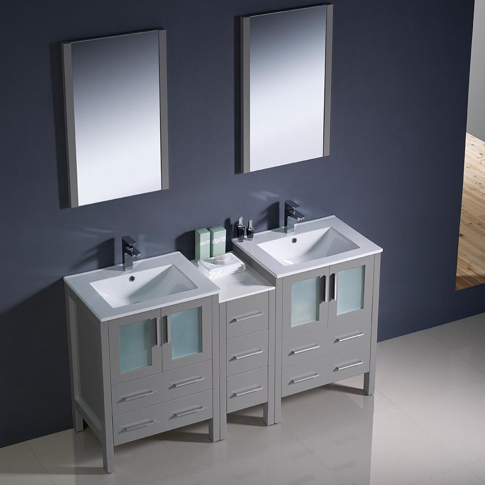 Fresca Torino 60" Gray Modern Double Sink Bathroom Vanity w/ Side Cabinet & Integrated Sinks
