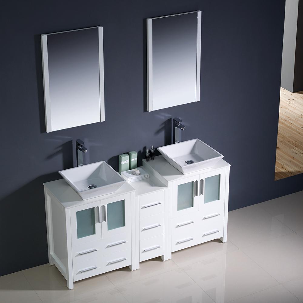 Fresca Torino 60" White Modern Double Sink Bathroom Vanity w/ Side Cabinet & Vessel Sinks