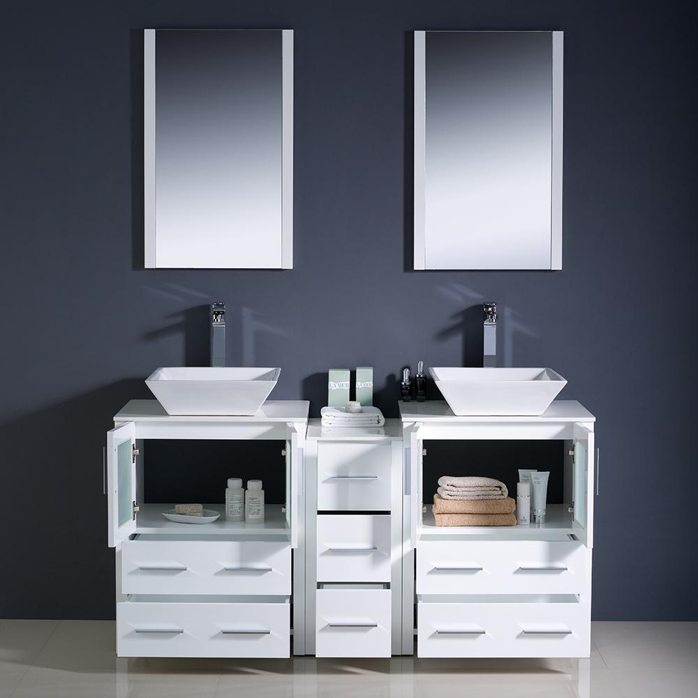 Fresca Torino 60" White Modern Double Sink Bathroom Vanity w/ Side Cabinet & Vessel Sinks