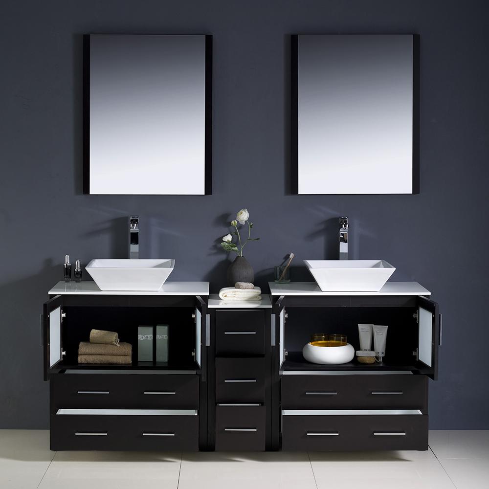 Fresca Torino 72" Espresso Modern Double Sink Bathroom Vanity w/ Side Cabinet & Vessel Sinks