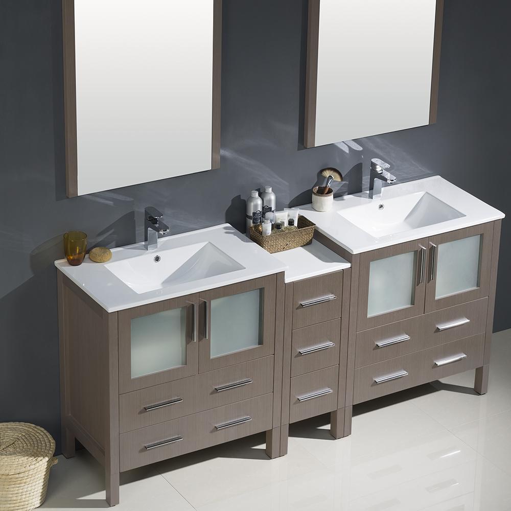 Fresca Torino 72" Gray Oak Modern Double Sink Bathroom Vanity w/ Side Cabinet & Integrated Sinks