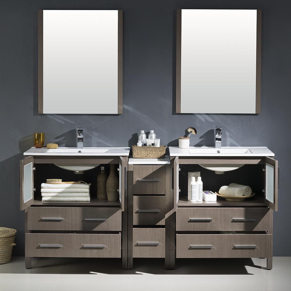 Fresca Torino 72" Gray Oak Modern Double Sink Bathroom Vanity w/ Side Cabinet & Integrated Sinks