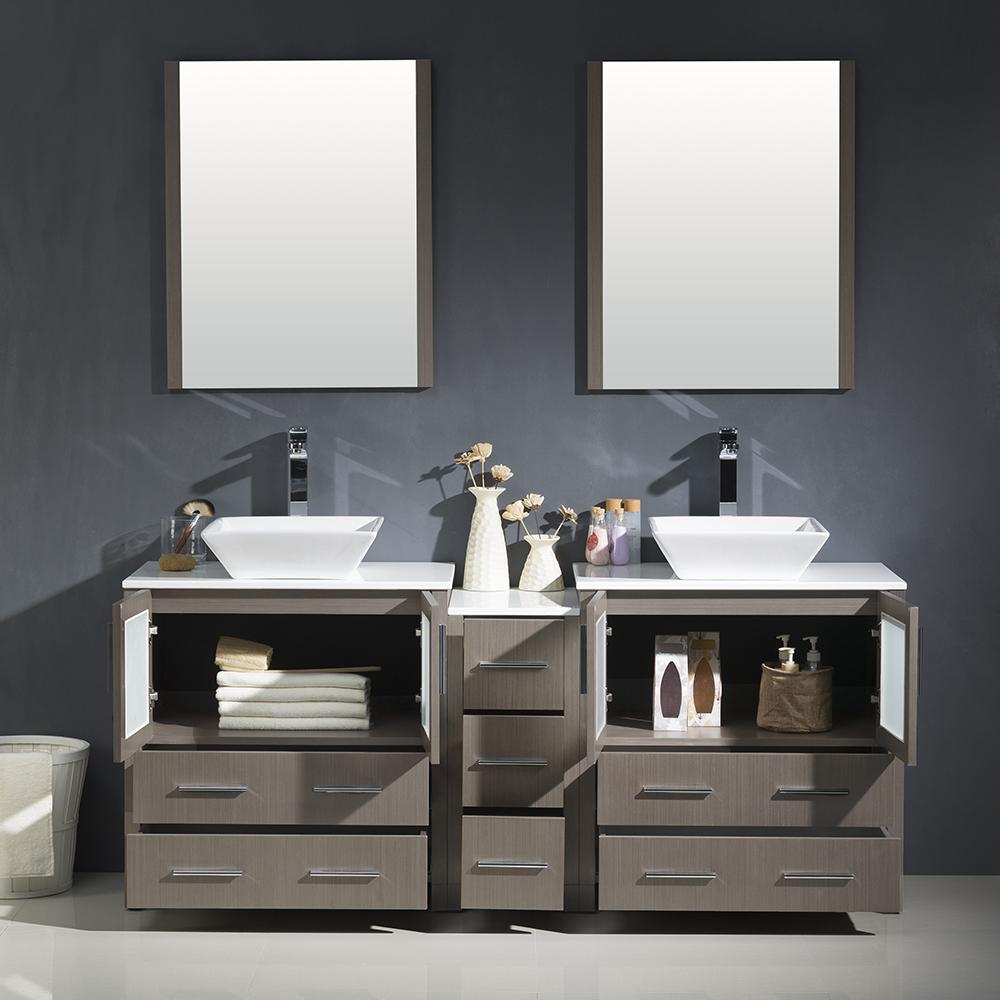 Fresca Torino 72" Gray Oak Modern Double Sink Bathroom Vanity w/ Side Cabinet & Vessel Sinks