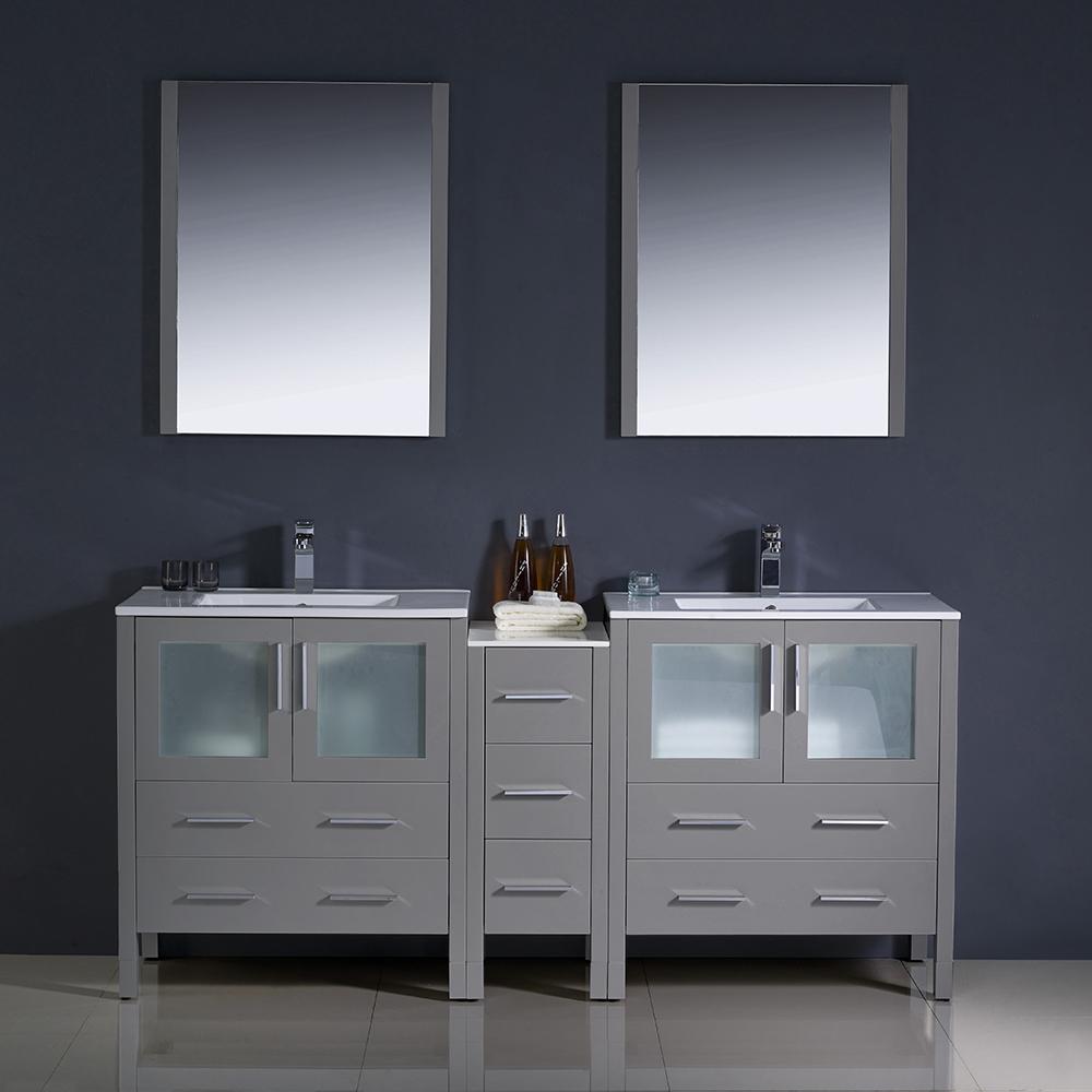 Fresca Torino 72" Gray Modern Double Sink Bathroom Vanity w/ Side Cabinet & Integrated Sinks