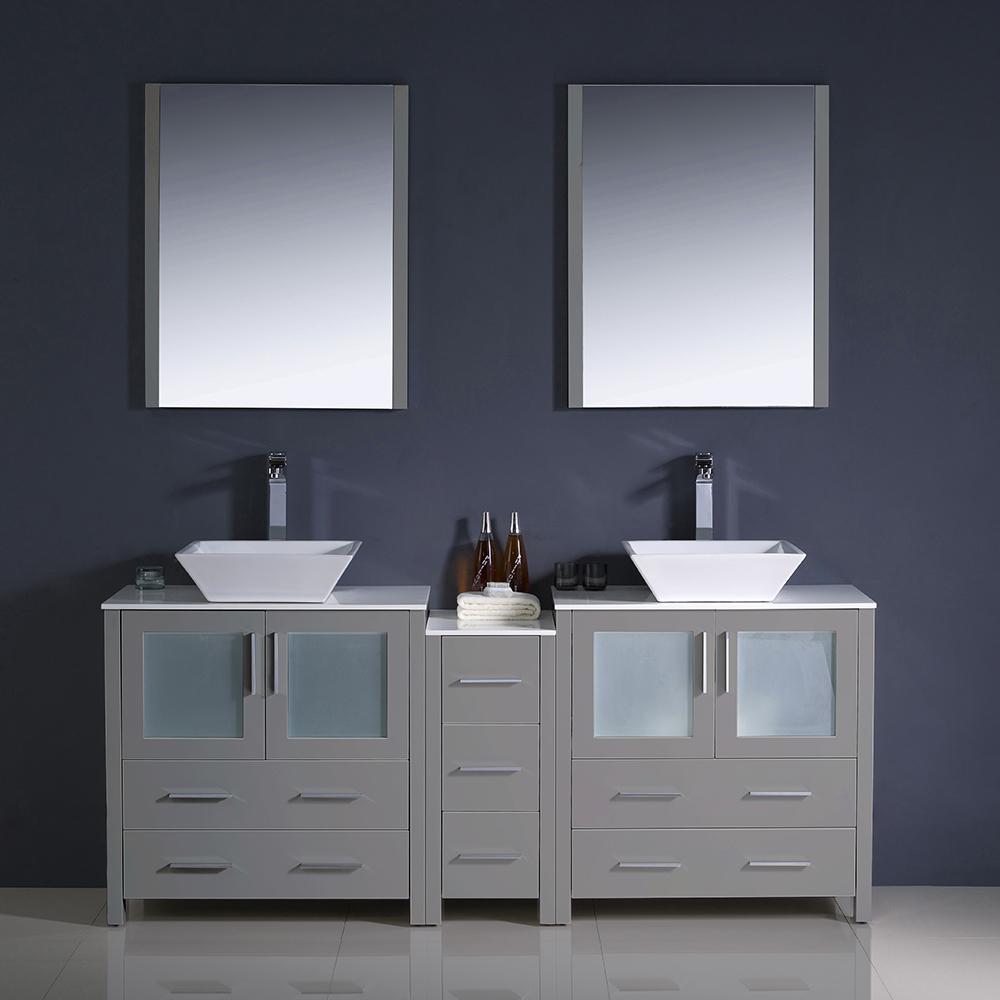 Fresca Torino 72" Gray Modern Double Sink Bathroom Vanity w/ Side Cabinet & Vessel Sinks