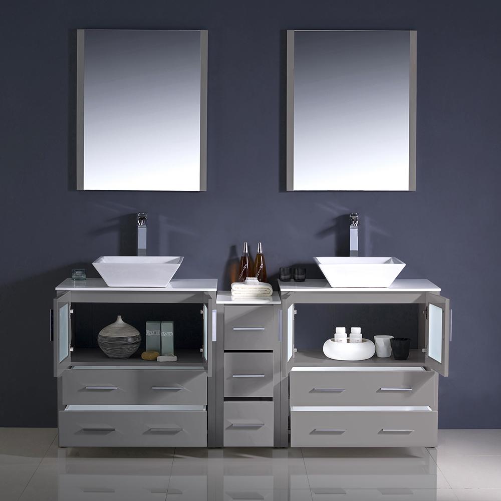 Fresca Torino 72" Gray Modern Double Sink Bathroom Vanity w/ Side Cabinet & Vessel Sinks