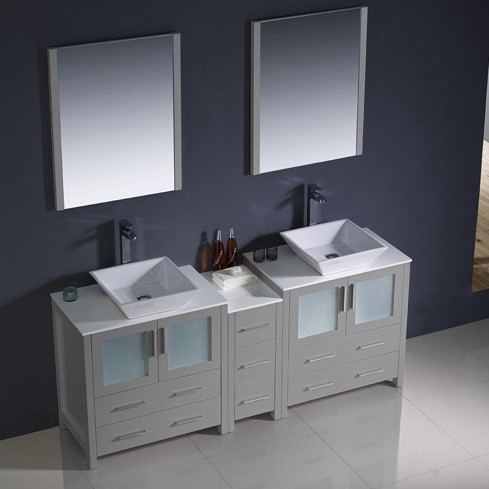 Fresca Torino 72" Gray Modern Double Sink Bathroom Vanity w/ Side Cabinet & Vessel Sinks