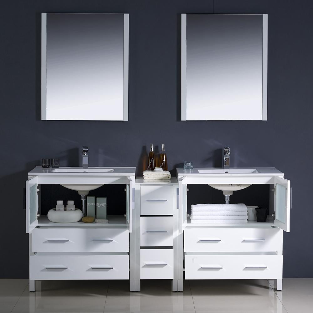 Fresca Torino 72" White Modern Double Sink Bathroom Vanity w/ Side Cabinet & Integrated Sinks