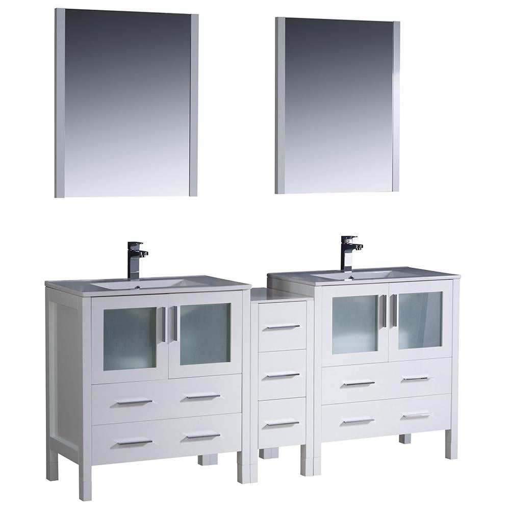 Fresca Torino 72" White Modern Double Sink Bathroom Vanity w/ Side Cabinet & Integrated Sinks