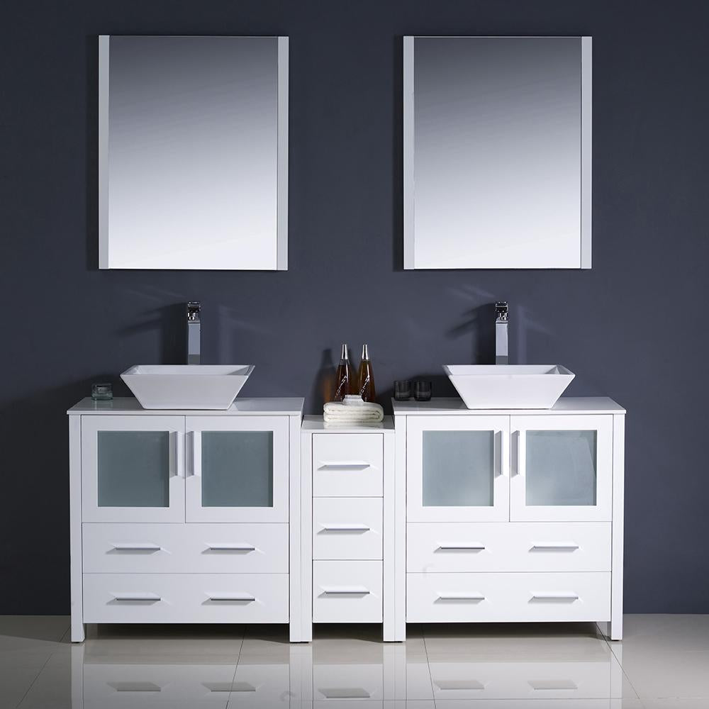 Fresca Torino 72" White Modern Double Sink Bathroom Vanity w/ Side Cabinet & Vessel Sinks