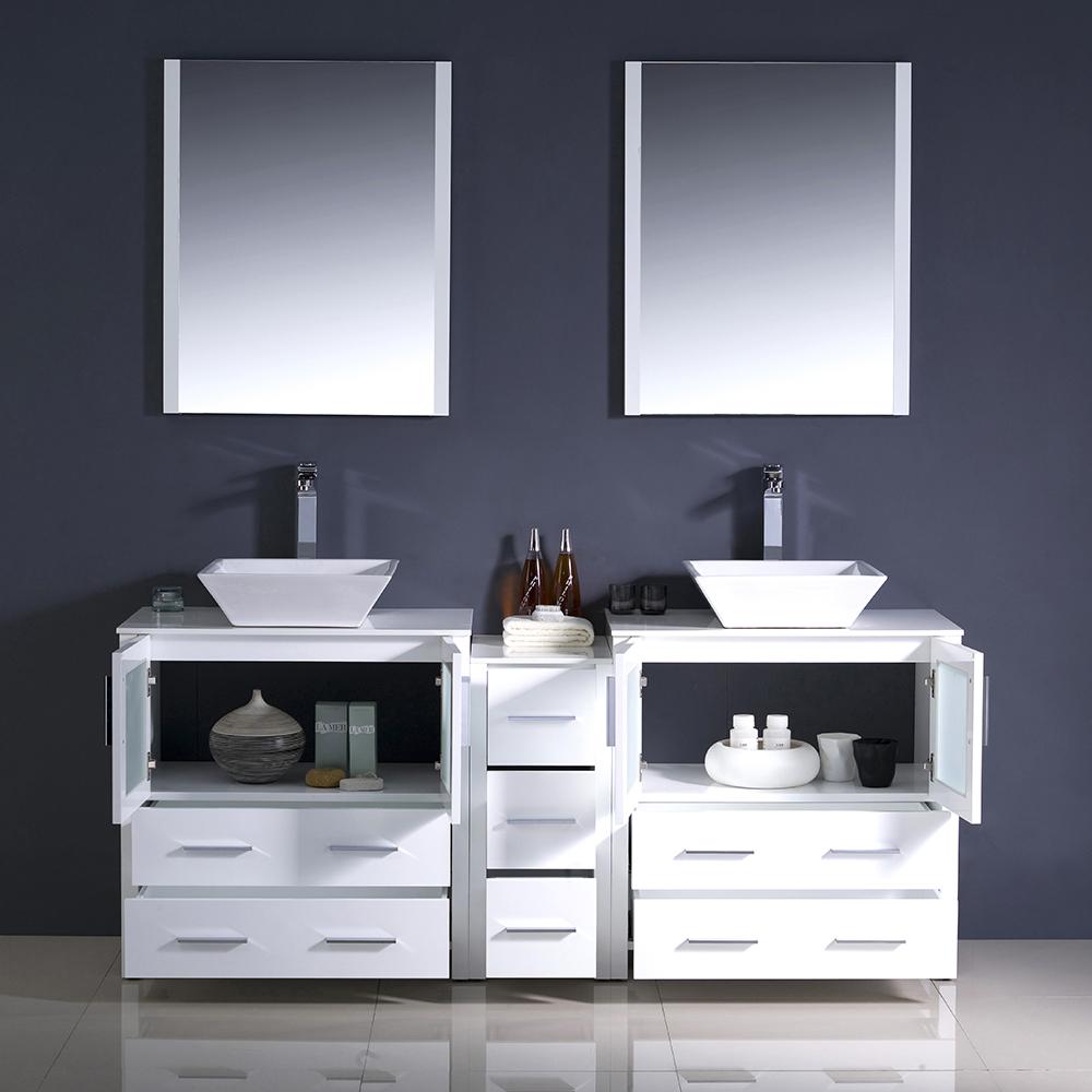 Fresca Torino 72" White Modern Double Sink Bathroom Vanity w/ Side Cabinet & Vessel Sinks