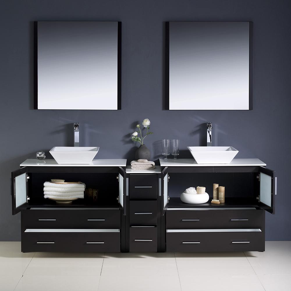 Fresca Torino 84" Espresso Modern Double Sink Bathroom Vanity w/ Side Cabinet & Vessel Sinks