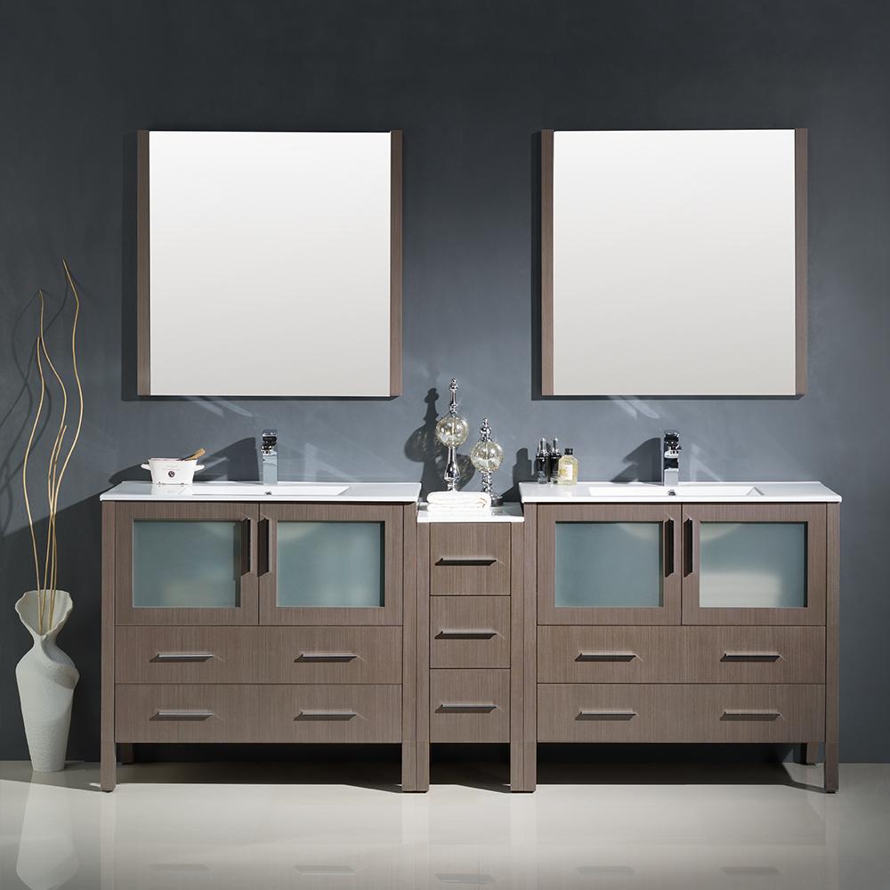 Fresca Torino 84" Gray Oak Modern Double Sink Bathroom Vanity w/ Side Cabinet & Integrated Sinks