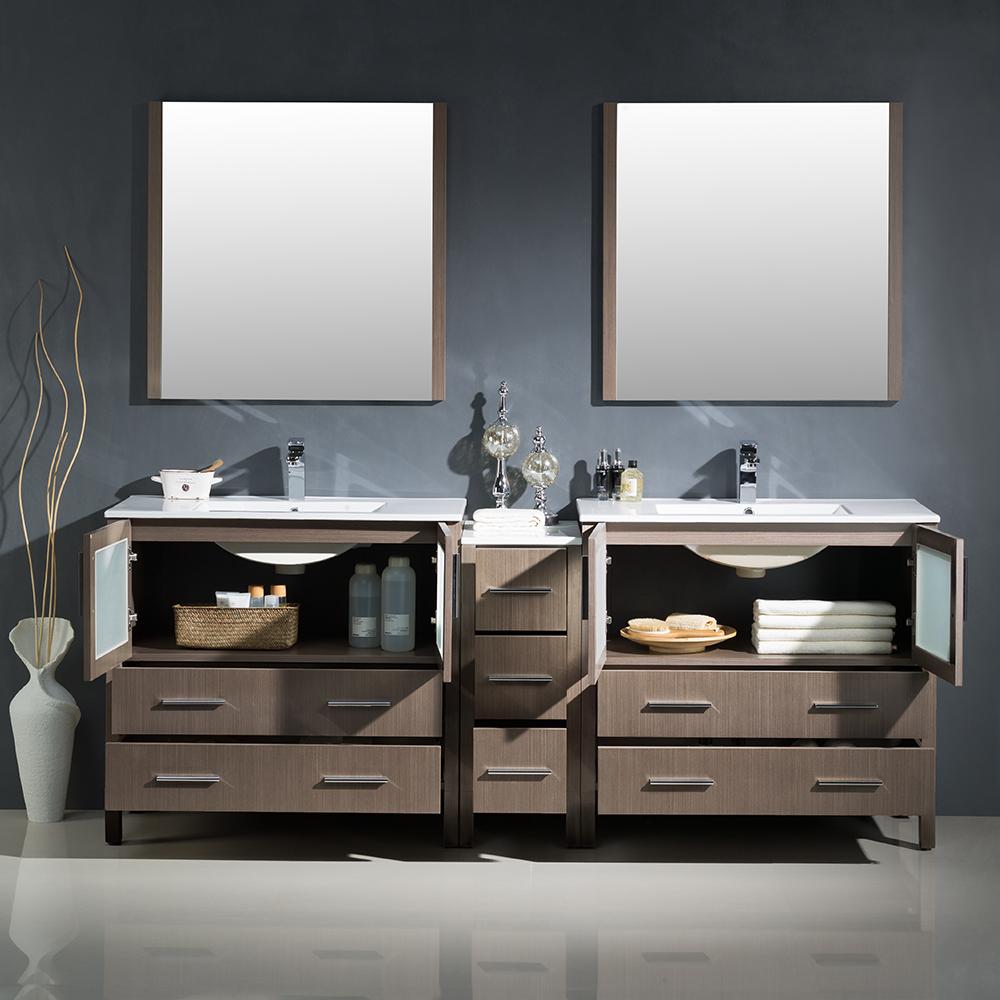 Fresca Torino 84" Gray Oak Modern Double Sink Bathroom Vanity w/ Side Cabinet & Integrated Sinks