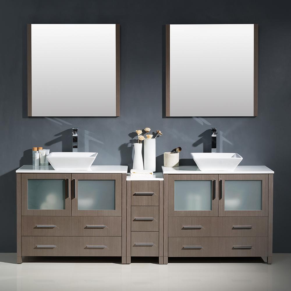 Fresca Torino 84" Gray Oak Modern Double Sink Bathroom Vanity w/ Side Cabinet & Vessel Sinks