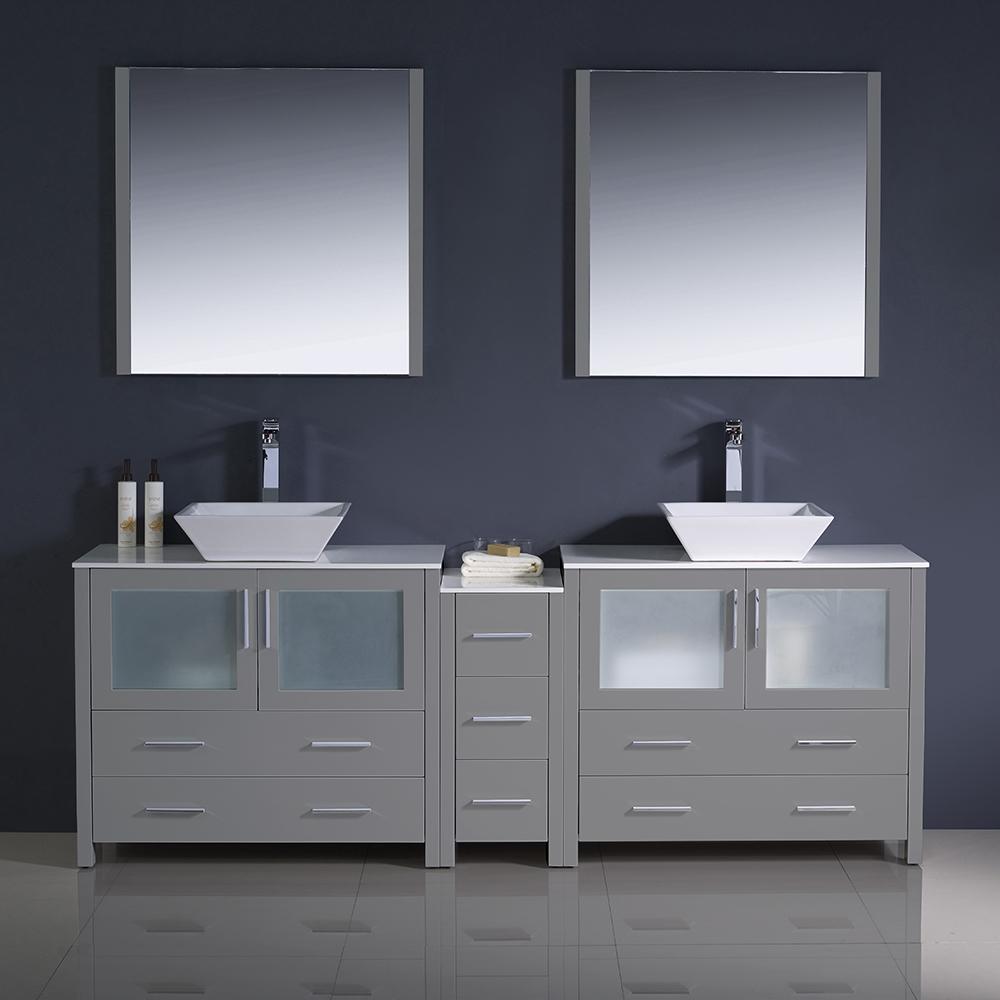 Fresca Torino 84" Gray Modern Double Sink Bathroom Vanity w/ Side Cabinet & Vessel Sinks